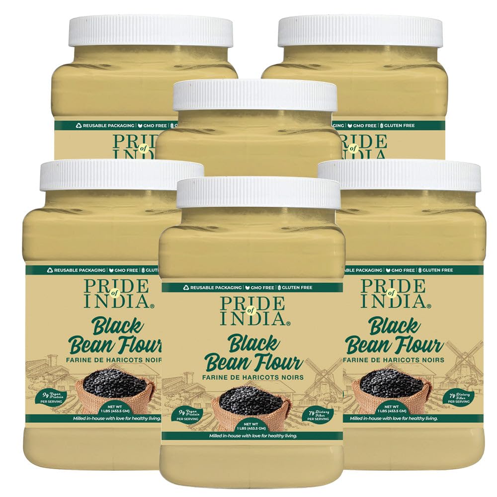 Pride of India - PACK of 6 - Black Bean Flour 1 lbs (454 gm) Rich Earthy Taste Freshly Milled in Small Batches- Used for Cooking Baking Coating Thickening Agent Cakes Gravies Noodles Smoothies Custard