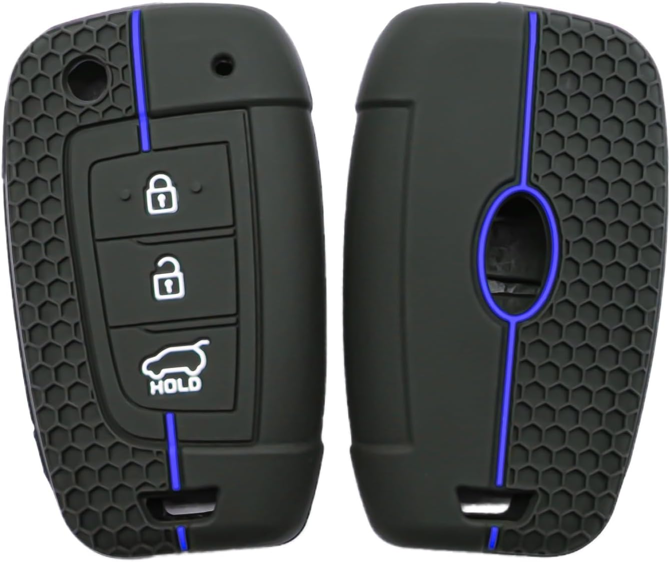 Happyit Silicone Car Key Case Cover Compatible with Hyundai Accent Venue Elantra Genesis Ix35 I30 Sonata Tucson Verna 2018-2023 3 Buttons (Black+blue line)