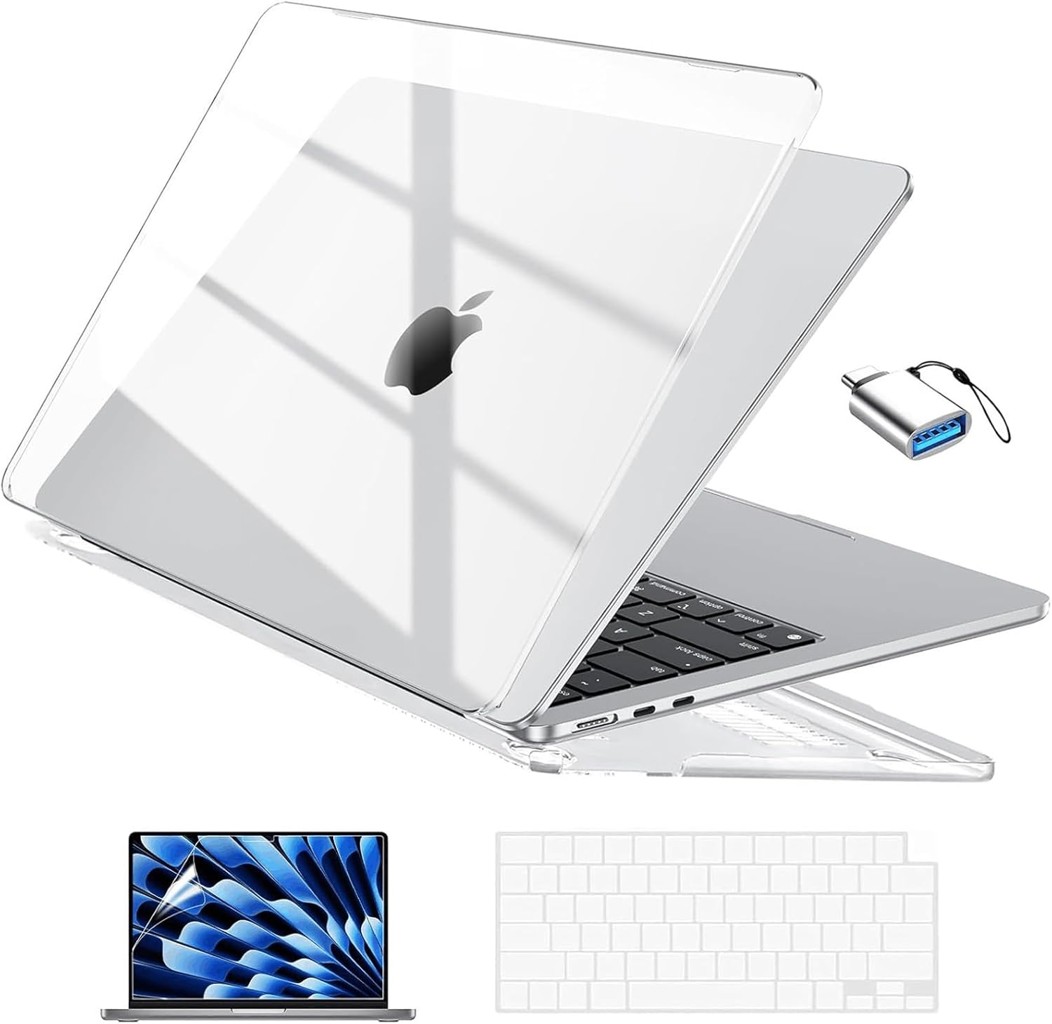 EooCoo Case Compatible with MacBook Air 13 inch M4 2025 2024 2023 2022 M3 M2 A3240 A3113 A2681, Clear Air 13.6" Laptop Hard Shell Case + Keyboard Skin Cover + Screen Protector, Crystal Clear
