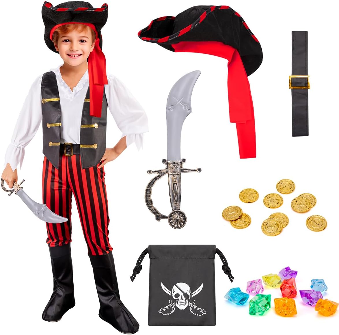 MELAND Pirate Costume Kids, Boys Girls Dress Up with Pirate Hat, Boot-covers for Kids Aged 3 to 10, Fancy Dress for Kids&Toddlers Halloween Costumes
