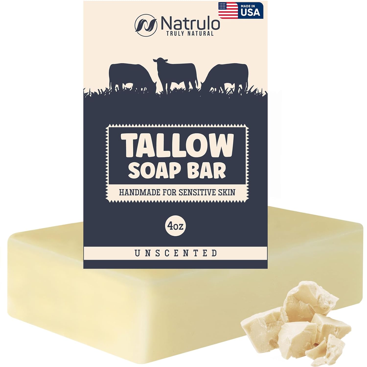 Beef Tallow Soap Bar – All Natural Grass Fed Tallow Soap Unscented – Moisturizing Face & Body Wash Great for Eczema, Dry, Itchy, Sensitive Skin – Handcrafted Bath Soap for Adults, Kids, Made in USA