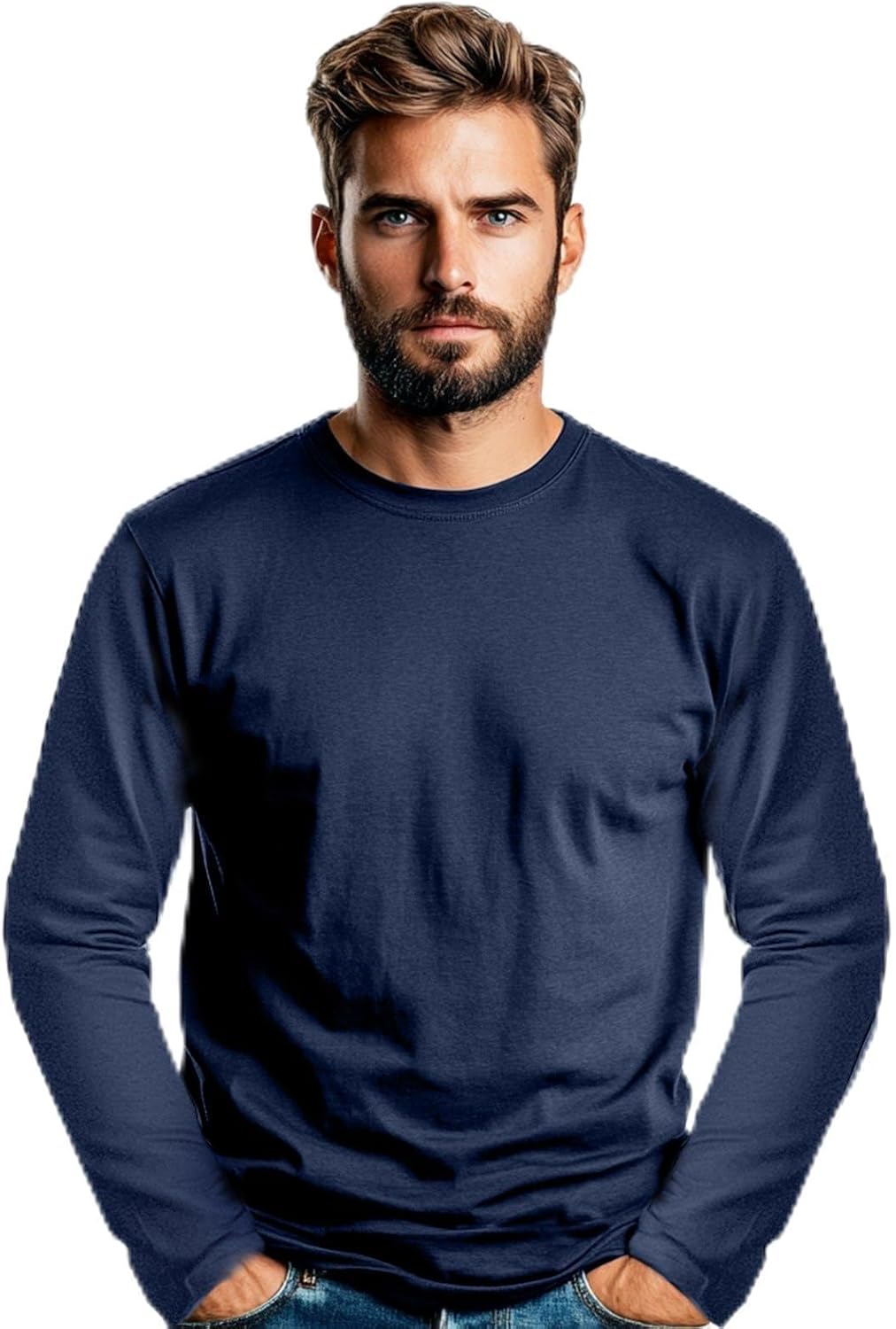Men’s 100% Soft Organic Cotton Navy Blue Long Sleeve T-Shirt Crew Neck Casual Training Hiking Workout Athletic Tee
