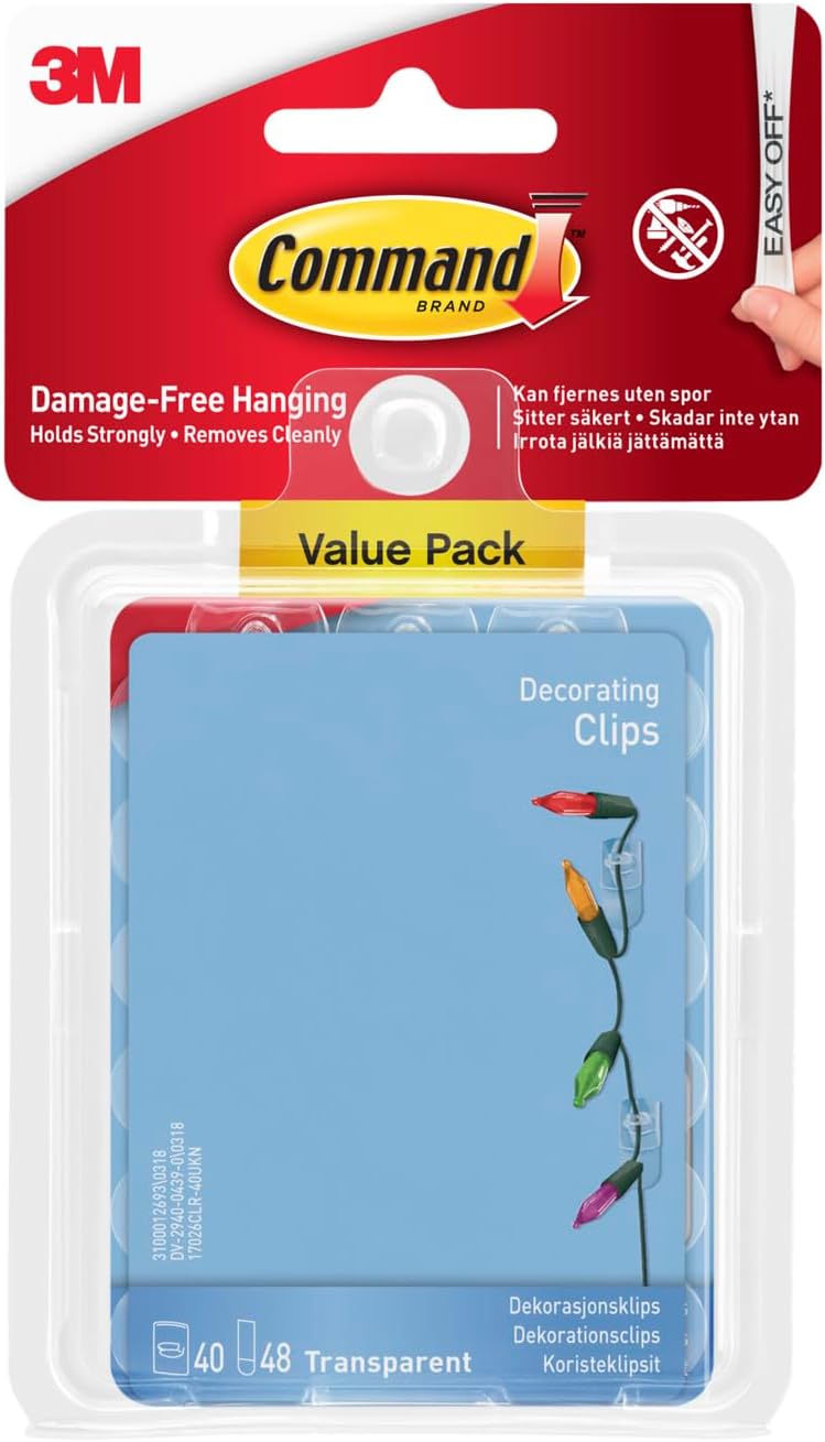 Command Decorating Clips, Value Pack of 40 Mini Hooks and 48 Small Adhesive Strips, Transparent - Hanging Clips for Decorations and Fairy Lights, Wall Adhesive - Damage Free Hanging