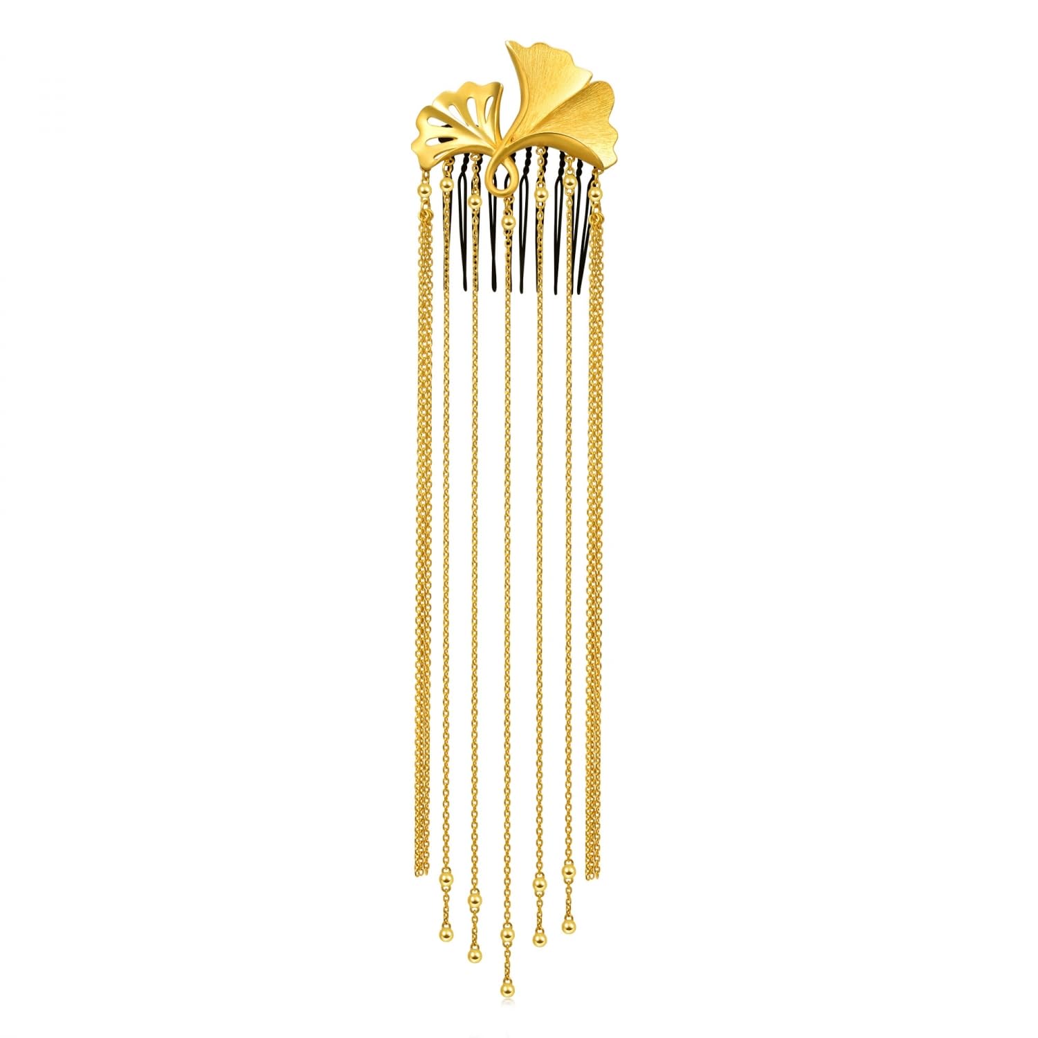 CHOW SANG SANG Chinese Wedding Collection 999.9 24K Solid Gold Price-by-Weight 47.53g Gold Bridal Blossoms Ginkgo Leaf with Dangling chains, Comb Clips, Hair Adornment for Bride 92404Q | Left