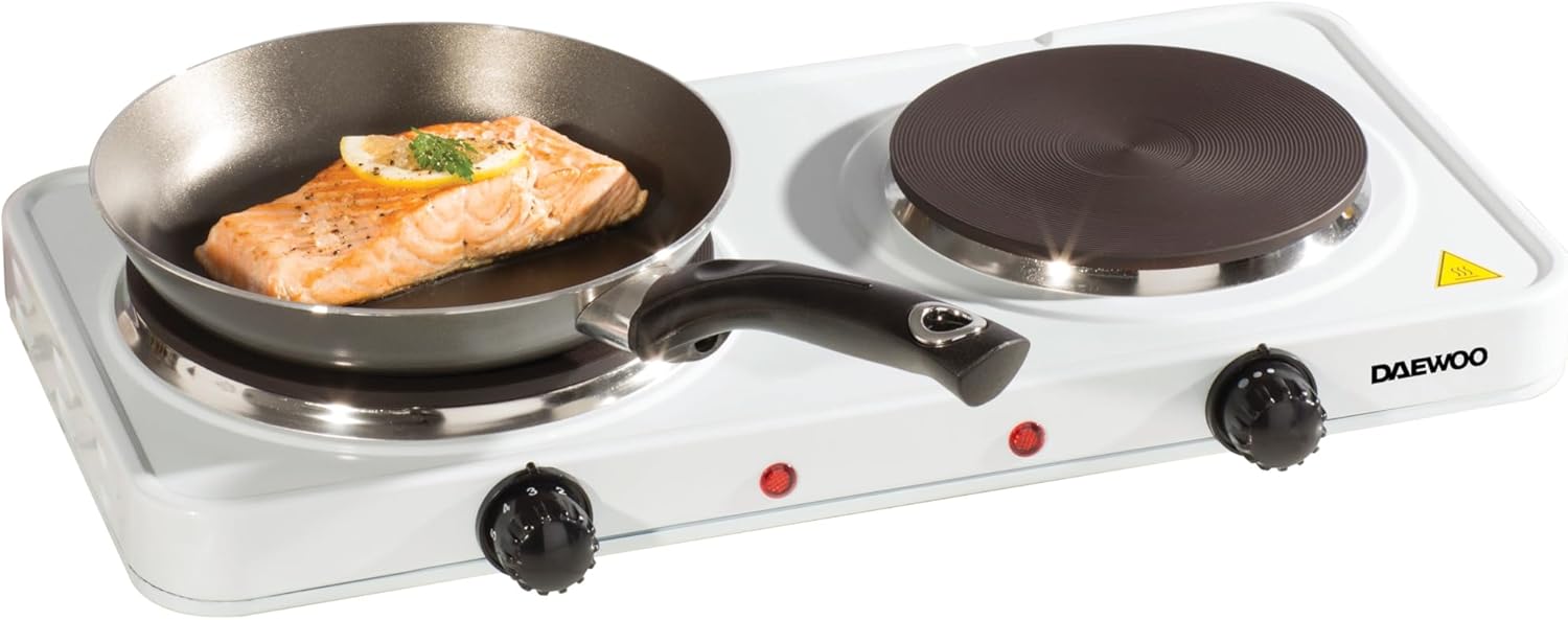 Daewoo Double Electrical Hot Plate, Dual Adjustable Thermostatic Controls, Non-Slip Feet, Compact And Portable With Indictor Light- White