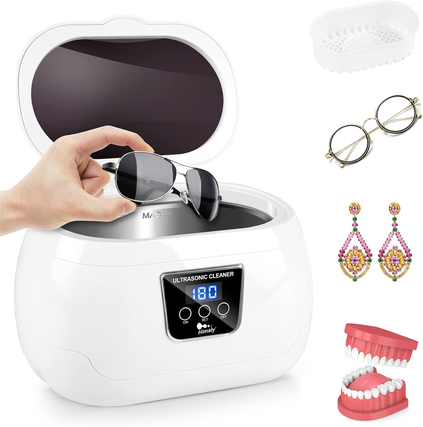 himaly Ultrasonic Jewellery Cleaner Sonic Cleaner 600ml 35W 40khz Machine with Basket Cleaning Stand for Jewelry Ring Earring Necklace Glasses Watch Coins Dentures