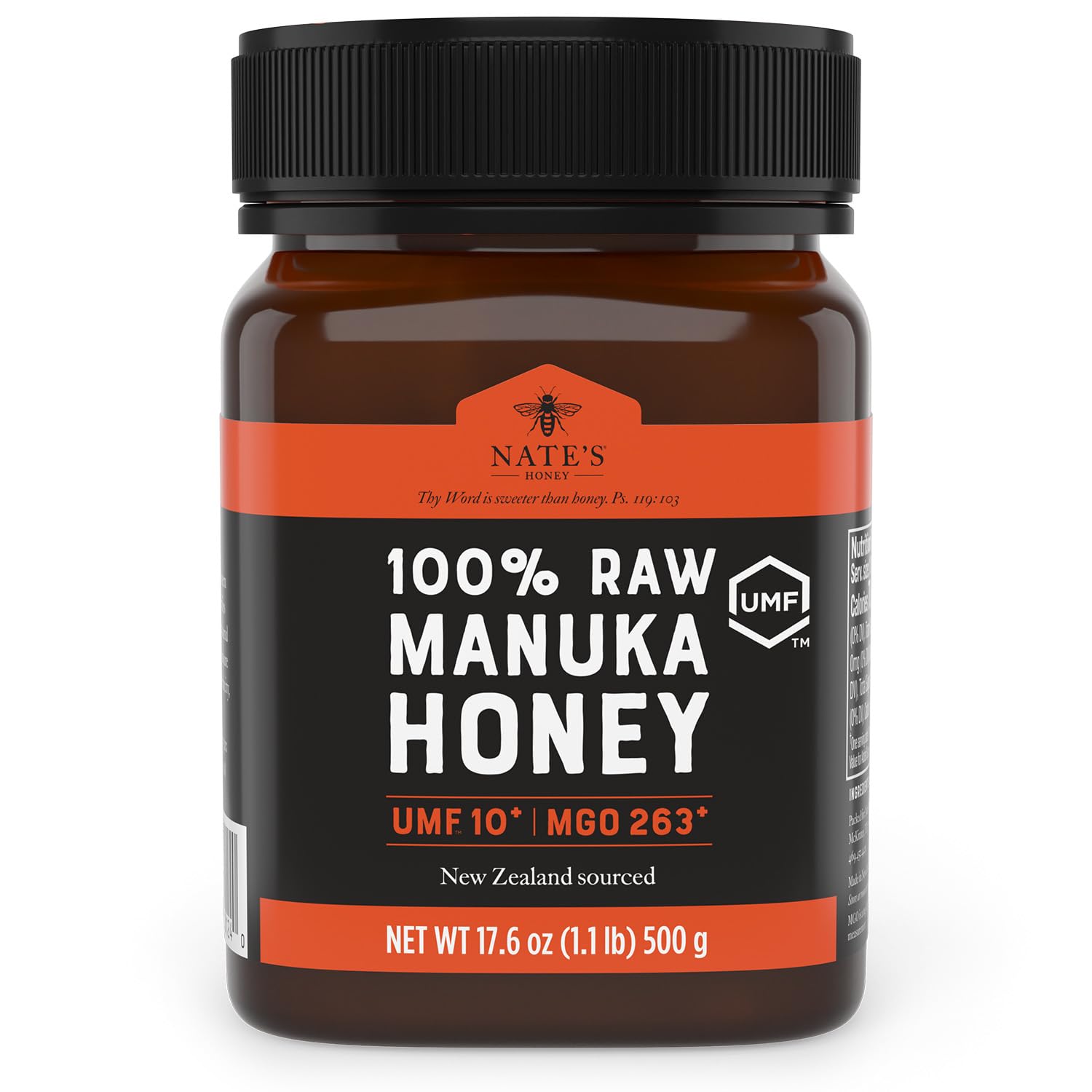 Nate's Raw Manuka Honey New Zealand MGO 263+ | UMF Certified 10+ | 17.6 oz Jar