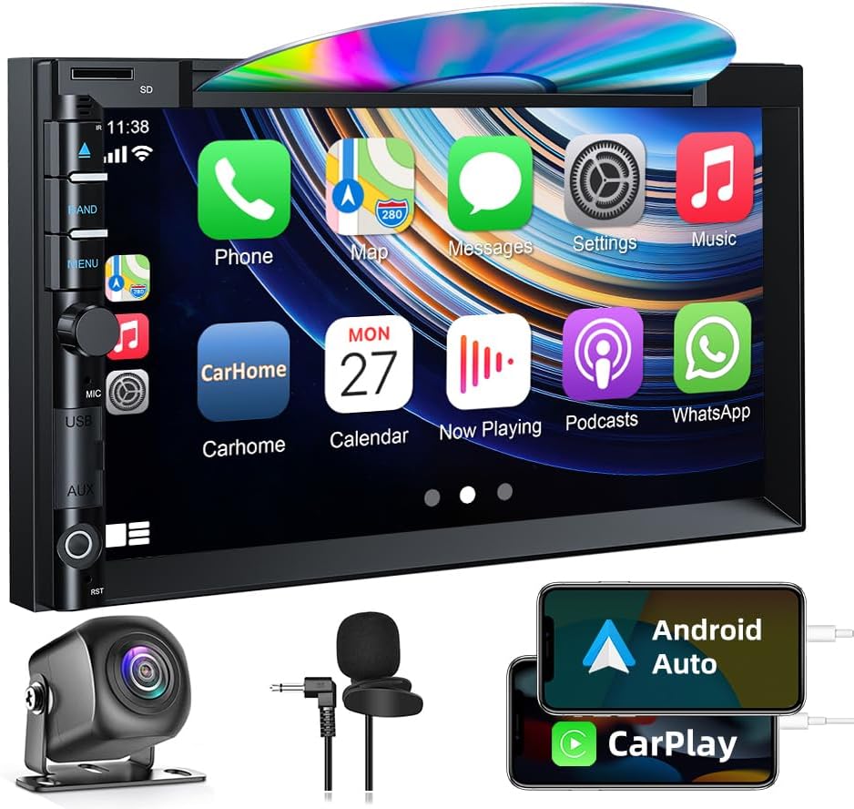 Double Din Car Stereo with CD DVD, Backup Camera Supports CarPlay/Android Auto, 7 inch Touchscreen Car Radio Bluetooth 5.2, AM/FM Radio Receiver Head Unit with Mirror Link, SWC, Subwoofer, USB/TF/AUX2