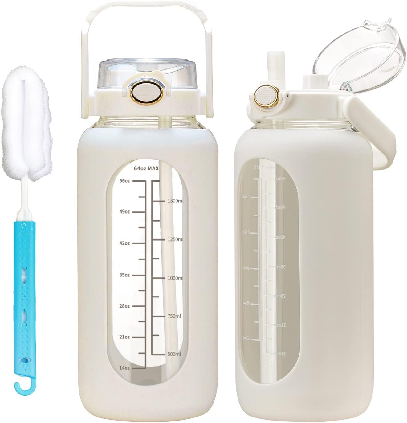 64oz Glass Water Bolttles with Straw Half Gallon Large Motivational Water Bottle with Time Marker Sports Water Bottles with Silicone Sleeve and Handle Lid Water Jug for Gym Workout