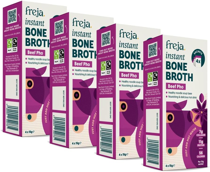 Freja Instant Pho Bone Broth | Beef | Limited Edition | 100% Natural | Rich in Collagen, Protein & Amino Acids | Dairy & Gluten Free, 4 boxes (4 x 15g Sachets Per Box)