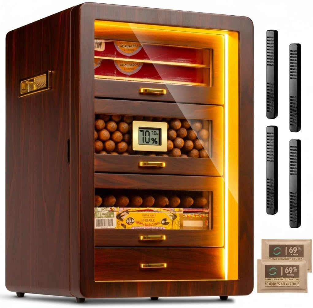 Desktop Cigar Humidor Cabinet Triple-Sided Light with Digital Hygrometer, Humidifier and Humidity Packs. 4 Ceder Wood Drawers, Cigar Humidor Box can Hold 200 Cigars. Present for Men