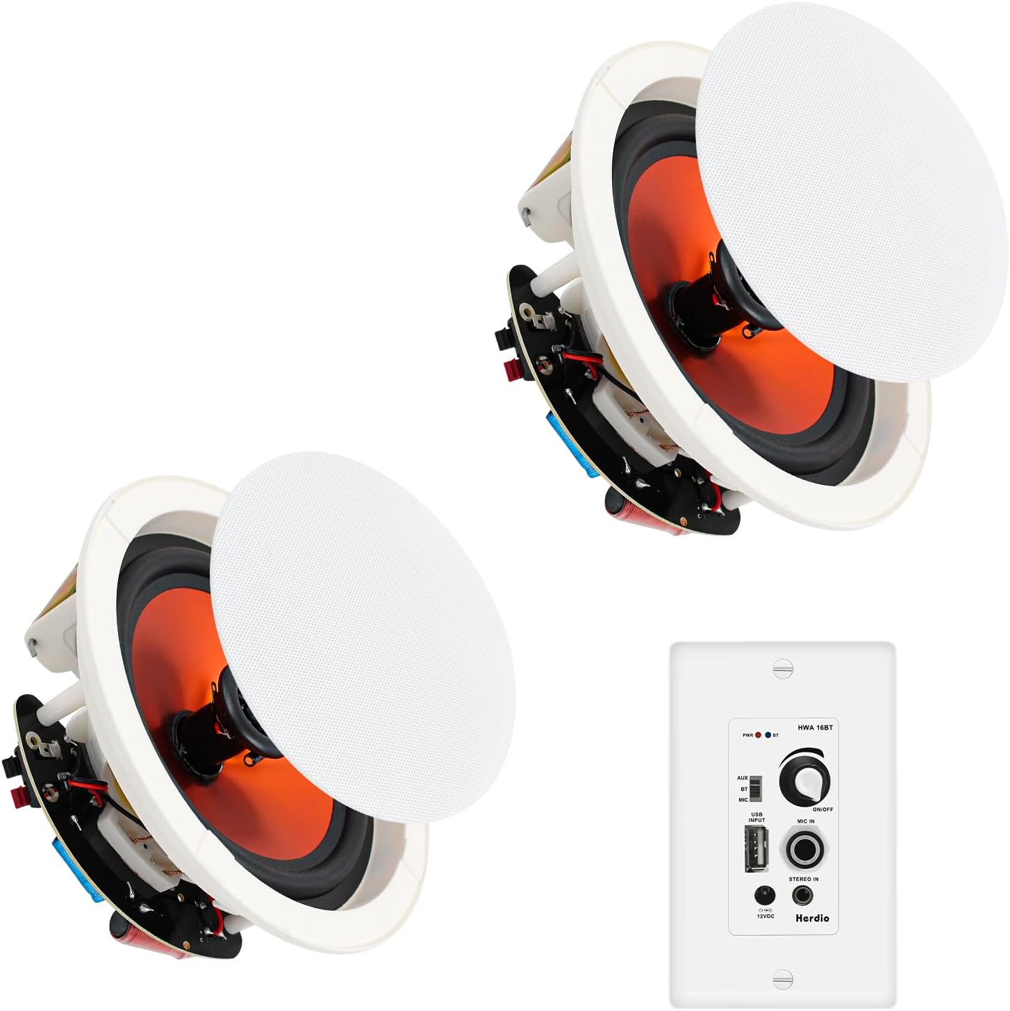 Herdio 8 Inch Bluetooth Ceiling Speakers 400W 2-Way Flush Mount in Wall Amplifier Receiver Suitable for Home Theater Bathroom Living Room Kitchen Office (1 Pair)
