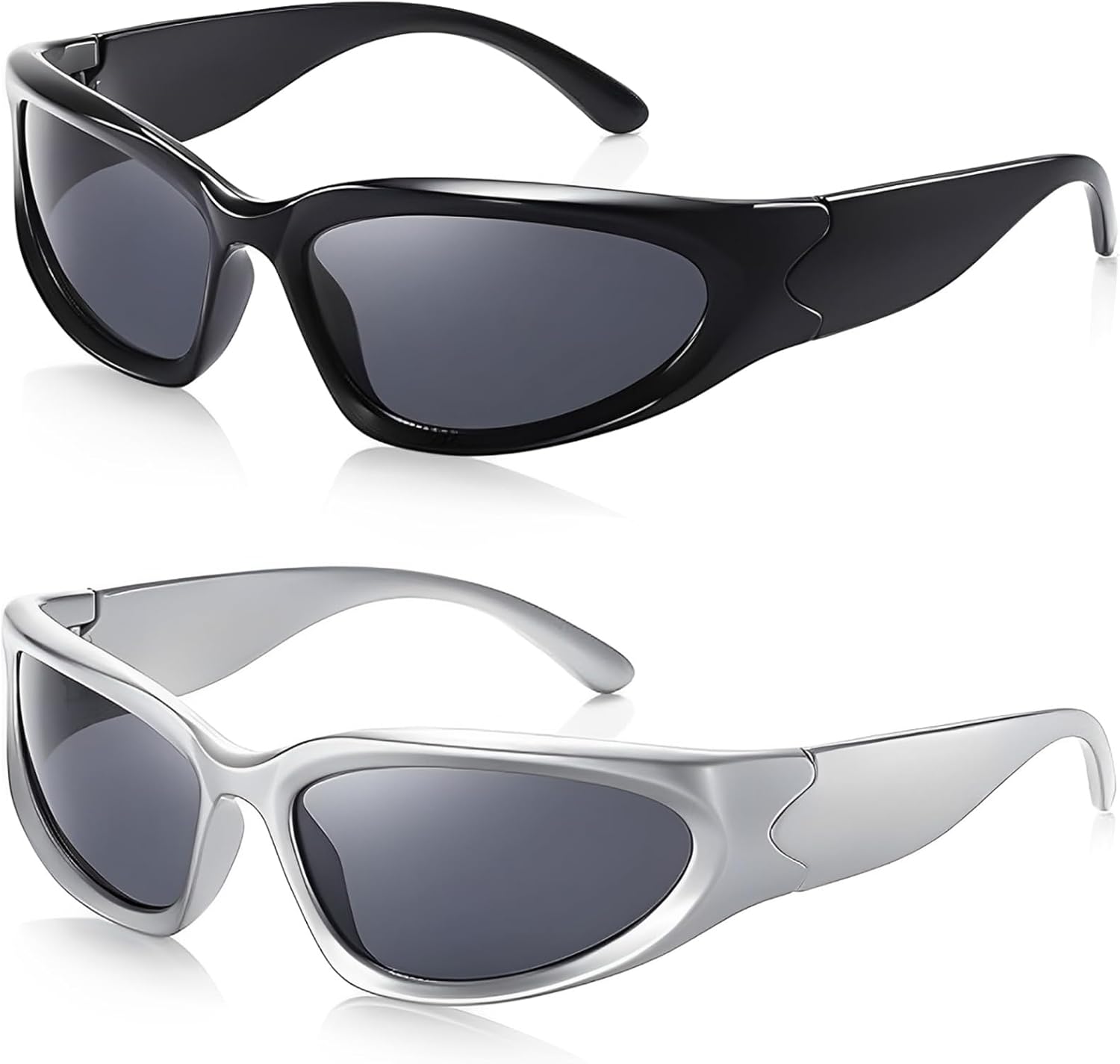 YcsRnn 2 Pack Rave Sunglasses - Retro Oval Wrap Around Sunglasses for Men & Women, UV400 Cool Glasses for Outdoor, Party, Festival (Black & Silver)
