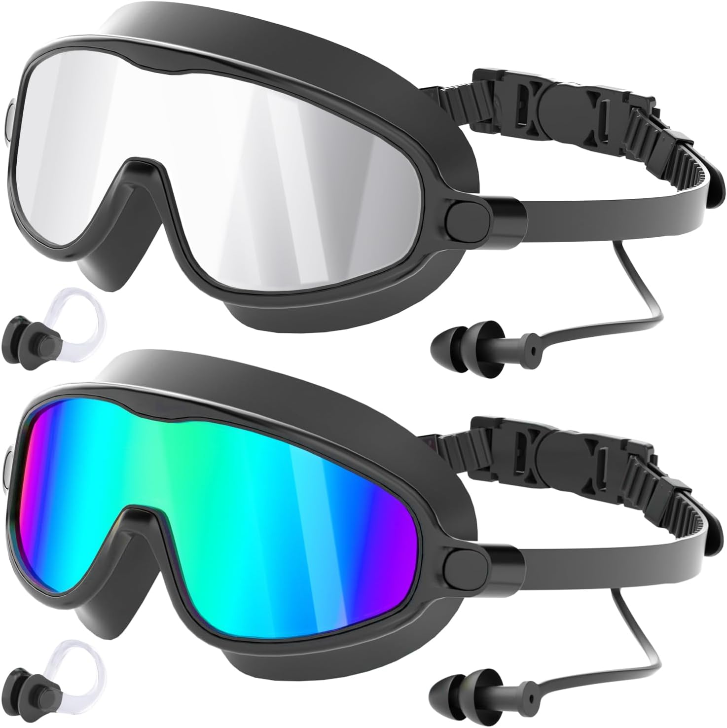 COOLOO Swimming Goggles 2 Pack, Wide View No Leaking Swim Goggles with Earplugs, Anti-fog & Anti-UV Adult Goggles for Men Women Youth