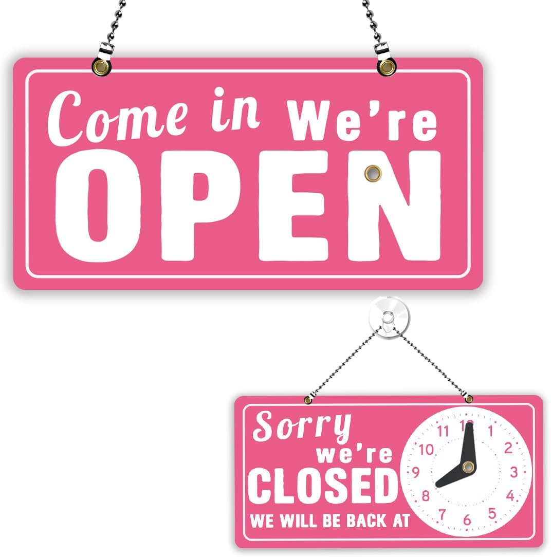 PLIGREAT Pink Open Closed Sign Double Sided We Are Open Closed Sign Creative Business Hours Sign Plaque for Retail Store Bar Bakery Shop Window Wall Hanging Door Sign with Chain