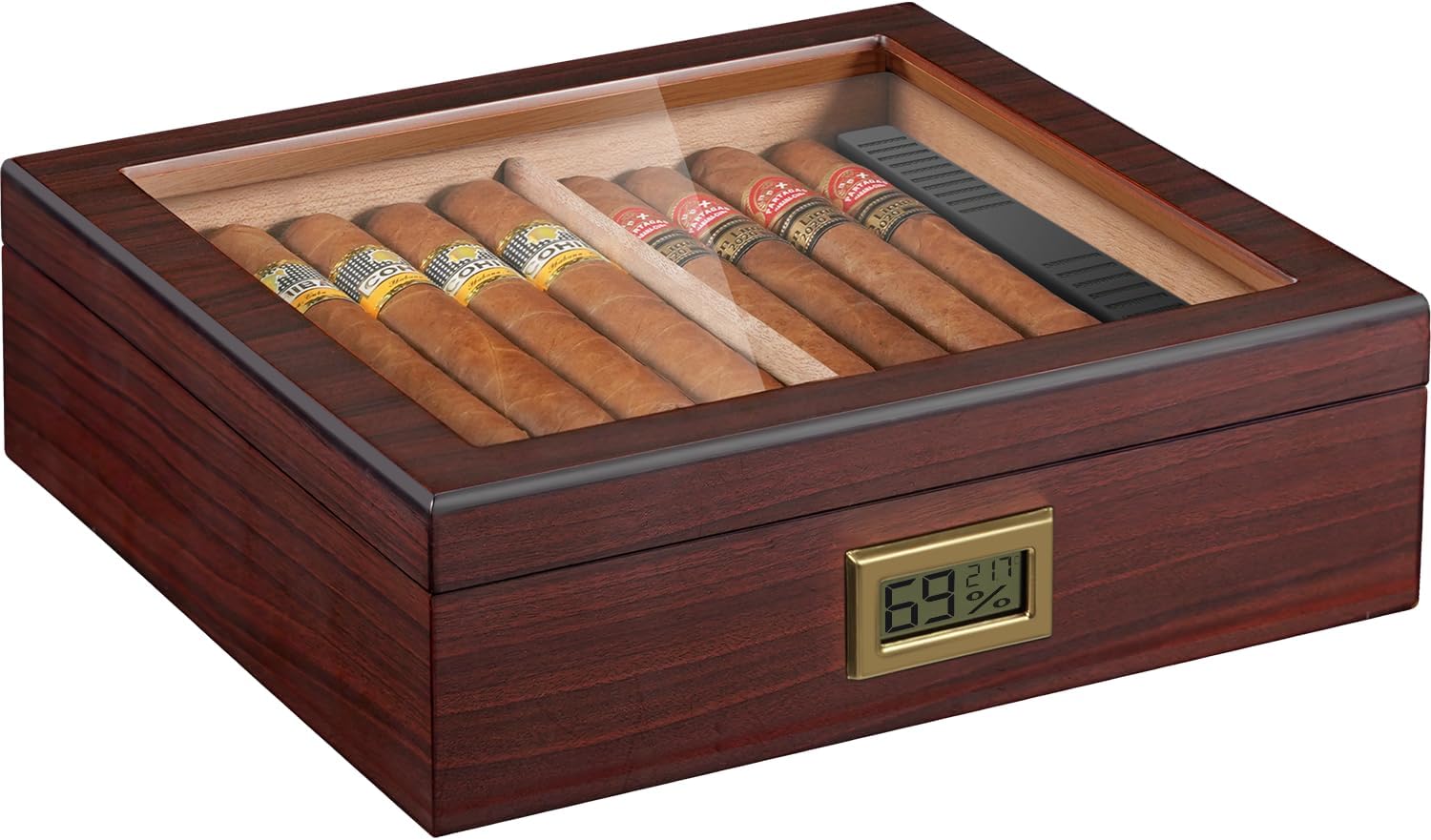 Flauno Cigar Humidor, Spanish Cedar Wood Humidor with Accurate Digital Hygrometer, Humidifier, Divider, Handcrafted Cigar Humidor Box Holds 40-60 Cigars, Gift for Cigar Lovers