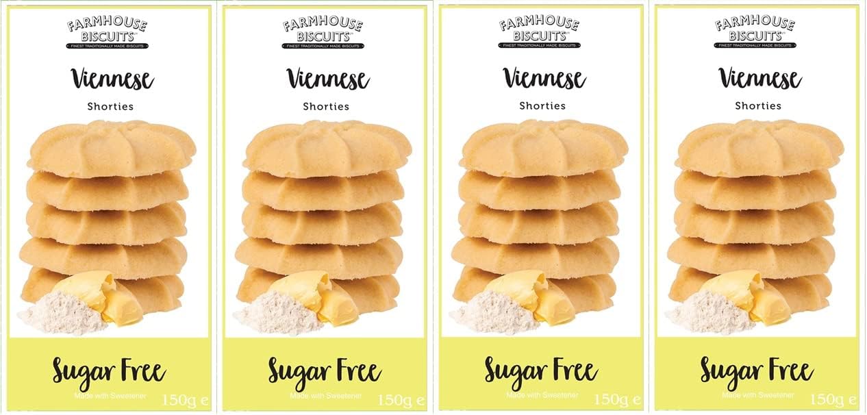 Farmhouse Biscuits, Sugar Free Viennese Shorties Cookies 150g (Pack of 4), Diabetic Friendly, Perfect for Gifting