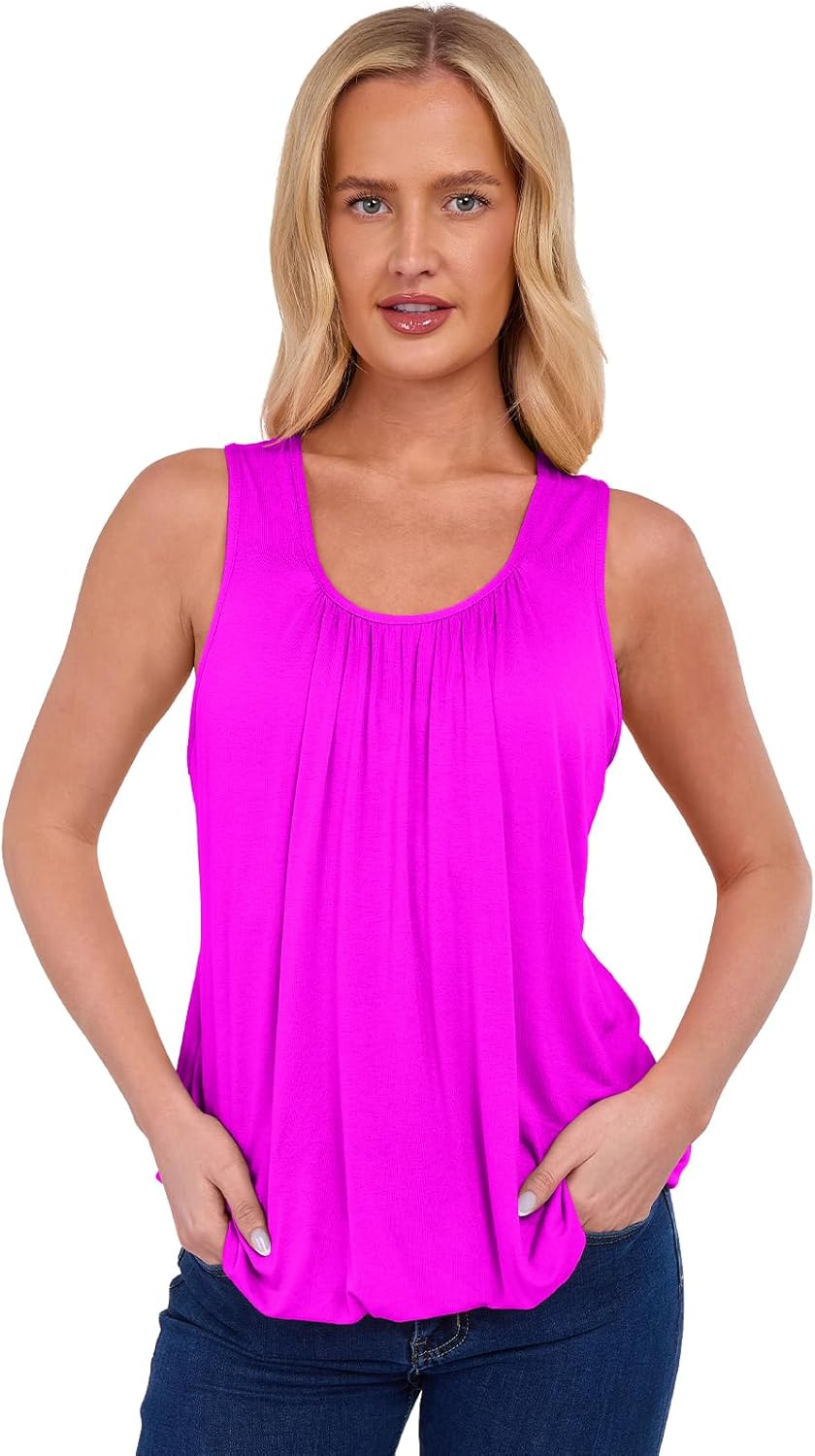 NetSetUK Women Bubble Hem Straps Vest Top Sleeveless Round Pleated Scoop Neckline Vest Summer Ladies Loose Fit Elasticated Camisole Swing Waist Top