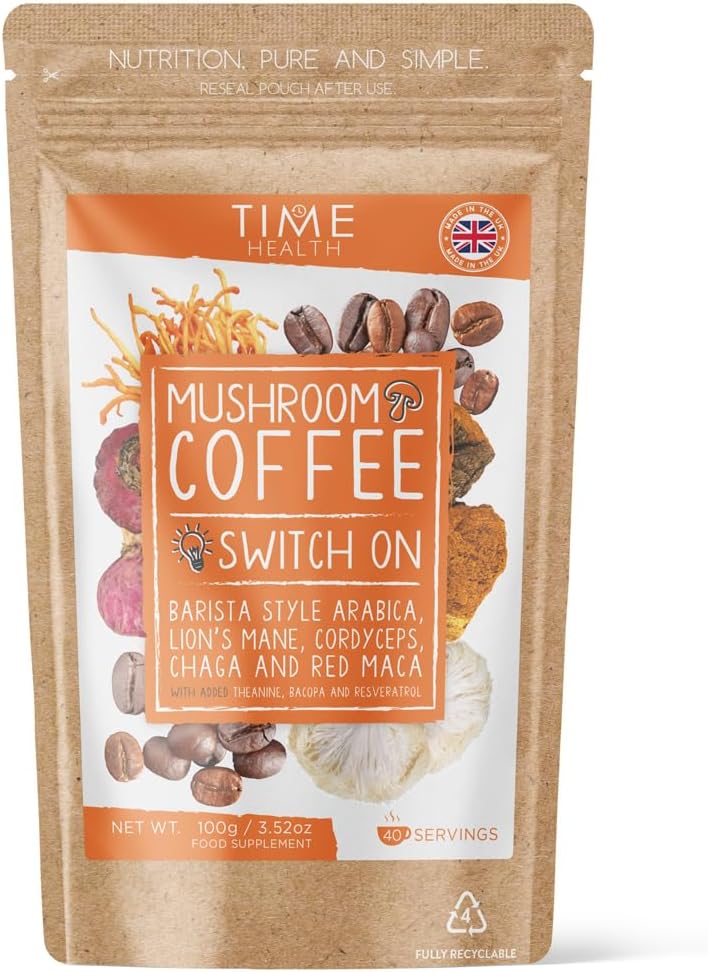 Mushroom Coffee Blend (Instant) - 100g - 40 Servings - Arabica, Lion's Mane, Cordyceps, Chaga & More - Natural Energy & Focus - UK Made - 5% Micro Ground Coffee