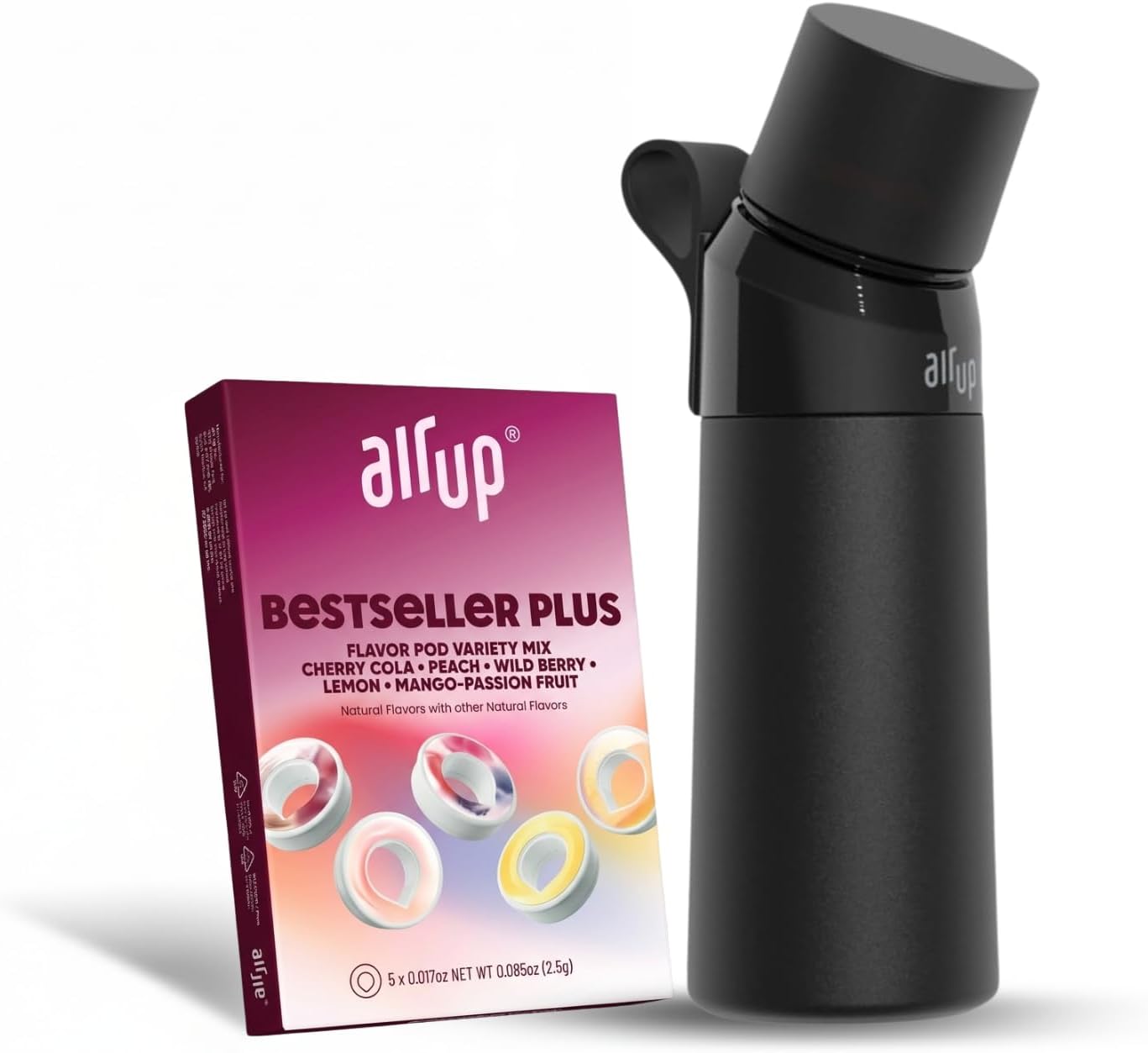 air up® water bottle (16oz) Steel Black + 5x pods Flavor Fiesta | Sugar free flavor pods & Water bottles with straw | Flavored water bottle
