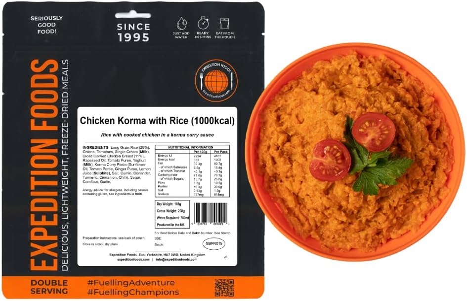 EXPEDITION FOODS Chicken Korma with Rice (Double Serving / 1000KCAL) | Freeze-Dried Camping & Hiking Food