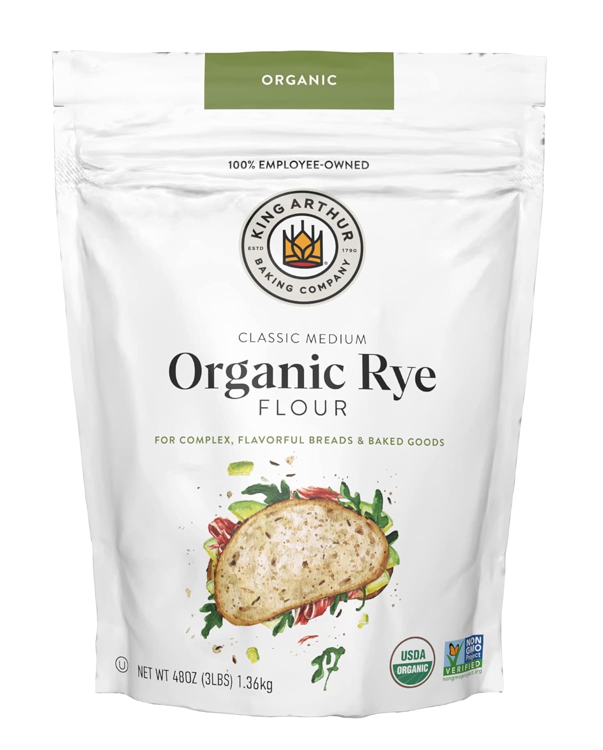 King Arthur, Classic Medium Organic Rye Flour, For Complex, Flavorful Breads & Baked Goods, 100% Organic, Non-GMO Project Verified, 3 Pounds, Pack of 4