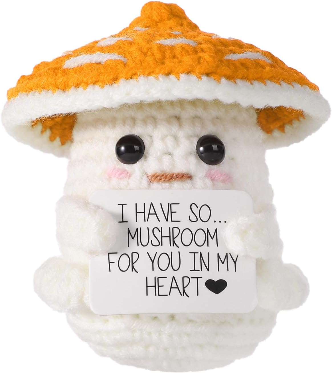 TOYMIS Positive Mushroom, Emotional Knitted Mushroom Energy Support Crochet Wool Doll Woolen Plush Toy for Motivated Gift Party Decoration (Orange-White)