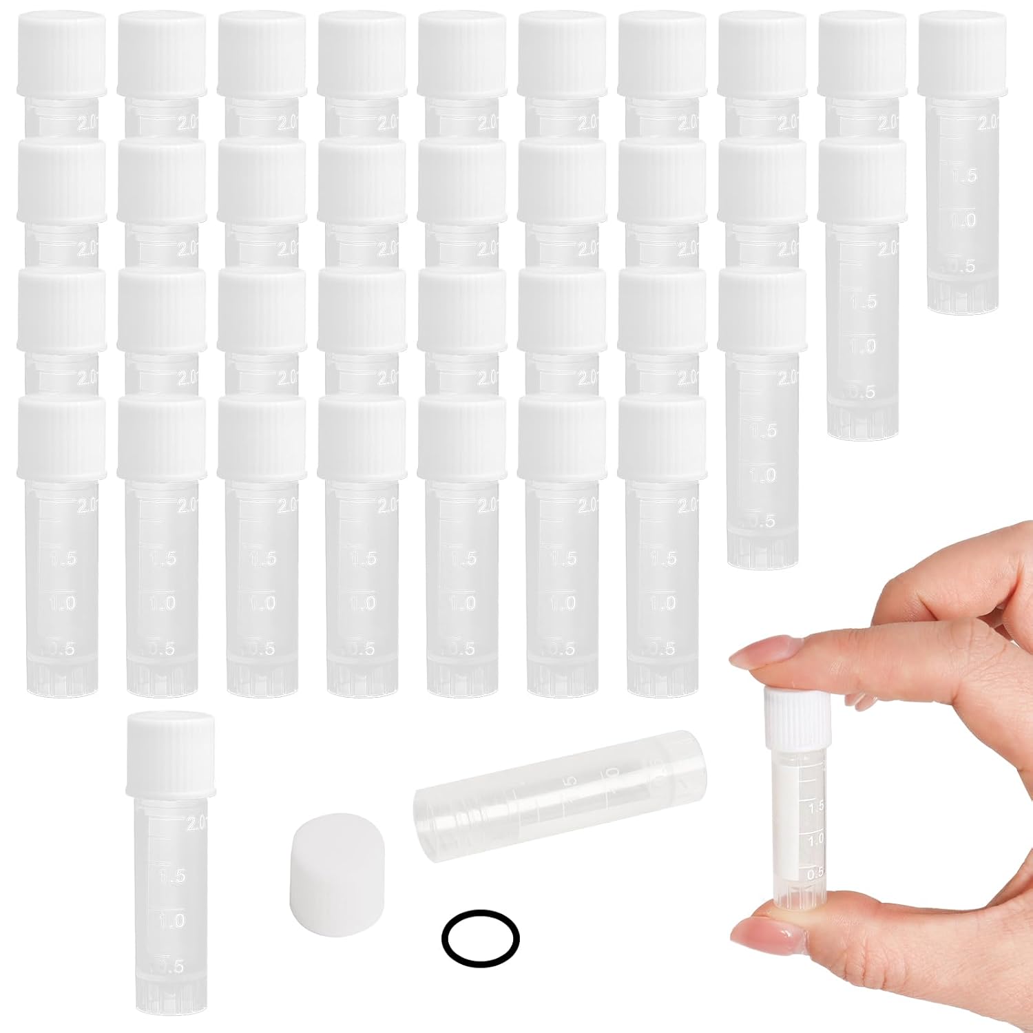 120pcs 2 ml Plastic Vials Lab Plastic Frozen Test Tubes Graduated Plastic Cryovial Cryogenic Vial Tube Self Standing with Cap for Laboratory School Educational