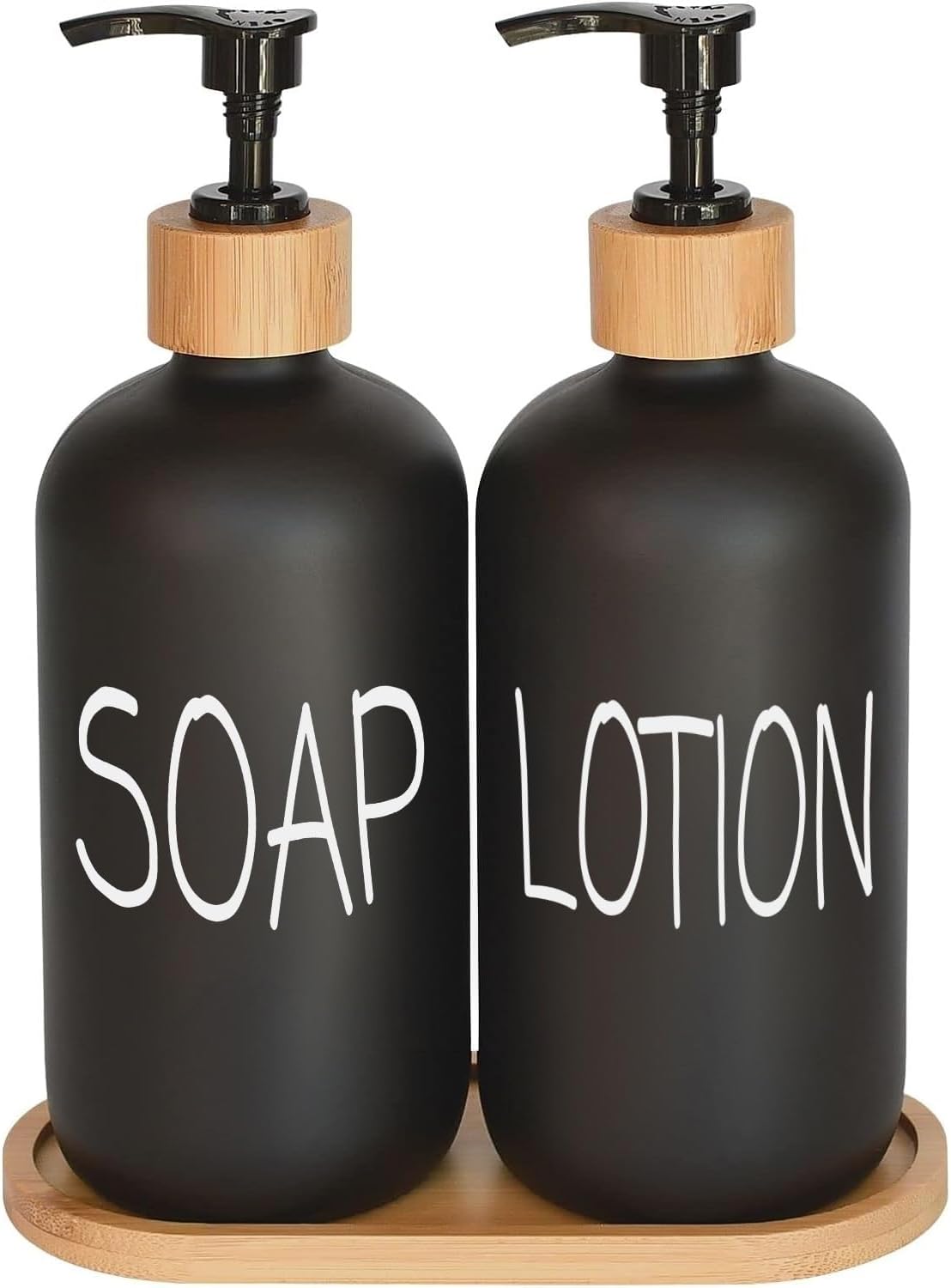 Black Soap Dispenser Bathroom Set, Set with Glass Dispenser, Bamboo Pumps & Tray. Hand and Lotion Suitable for Farmhouse Decor