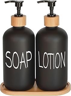 Black Soap Dispenser Bathroom Set, Set with Glass Dispenser, Bamboo Pumps & Tray. Hand and Lotion Suitable for Farmhouse Decor