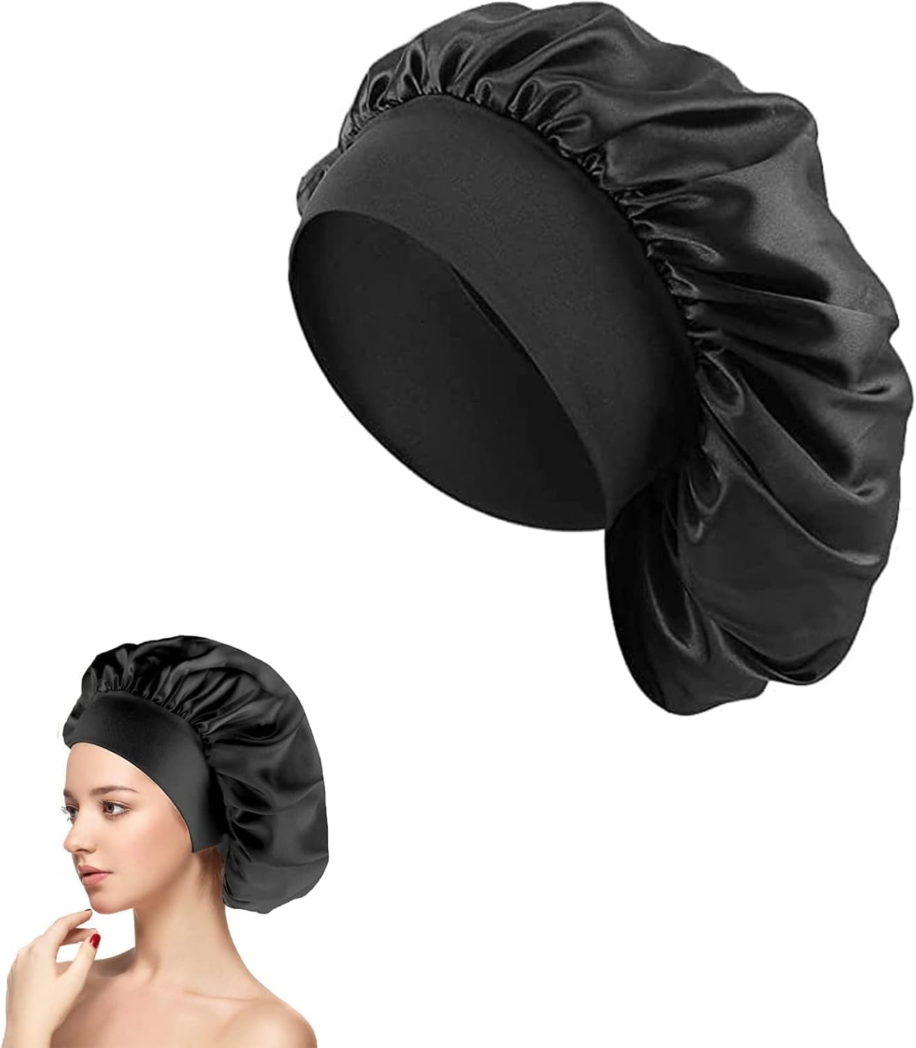 JEOPKO Silk Hair Wrap Sleeping,Silk Bonnet Hair Bonnet Sleeping, 1pcs Night Sleep Cap Silk Bonnet Girls, Hair Care Sleeping Head Cover Elastic Hat Hair Bonnet Black Hair Curly Hair.