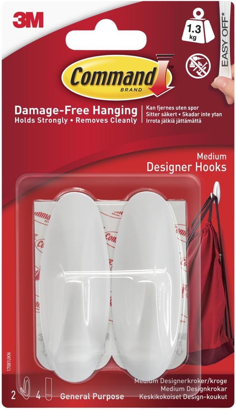 Command Medium Designer Hooks, 2 White Adhesive Wall Hooks with 4 Strips