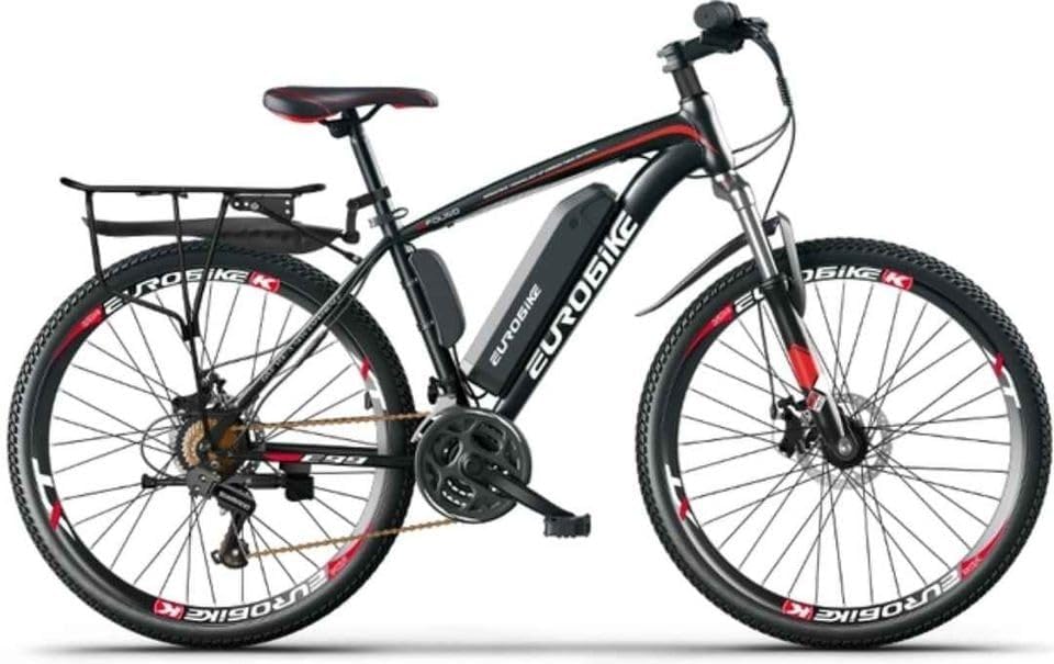 Eurobike EMTB 26 Inch Wheel Electric Mountain Bike with 27 Speeds, Dual Disc Brakes, Lightweight Aluminium Frame, and Front Suspension E-Bike E9, Black