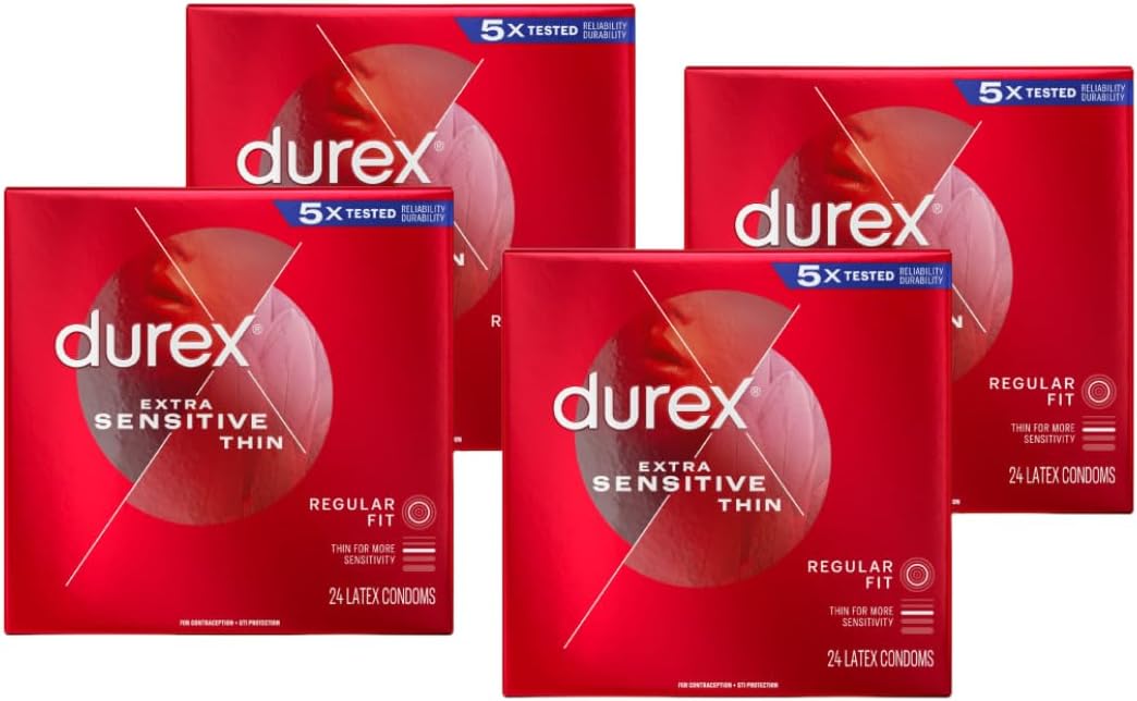 Durex Extra Sensitive Condoms, Ultra Thin, Lubricated Natural Rubber Latex Condoms for Men, FSA & HSA Eligible, 24 Count (Pack of 4)