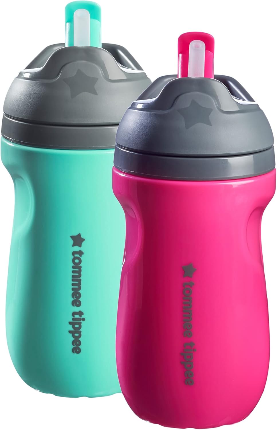 Tommee Tippee Insulated Spill-Proof Straw Cup, 12 Months+, 9oz, Toddler Training Sippy Cup, Sporty Carry Handle, Bite Resistant Spout, Pack of 2, Pink and Mint
