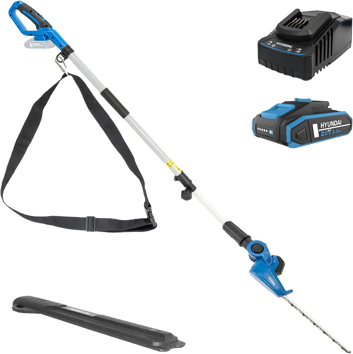 Hyundai 20V Cordless Long Reach Pole Hedge Trimmer, 450mm Dual Action Blade, 3.6m Max Reach Telescopic Pole, 5 Position Pivot Head, Battery & Charger Included