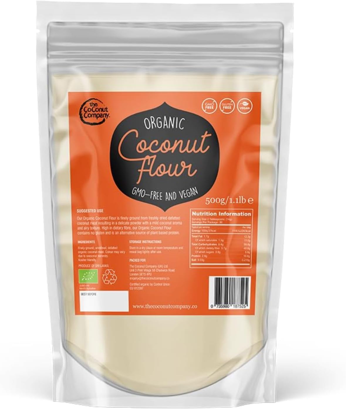 The Coconut Company Organic Coconut Flour with 100% Pure Coconut, Gluten-Free, High in Fibre, and Lower in Calories and Carbs Also Naturally High in Protein, 500gm (Pack of 1)