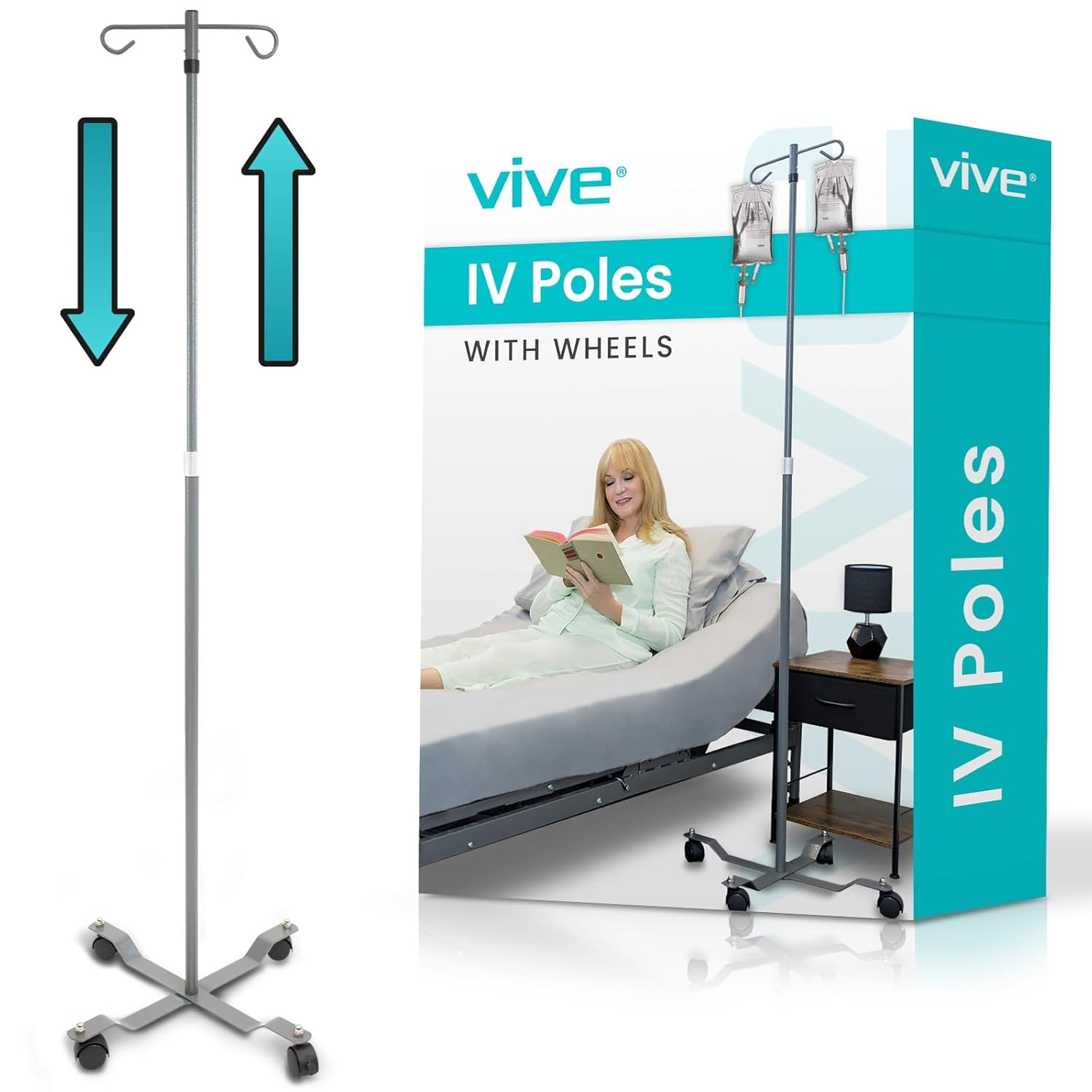 Vive IV Pole with Wheels - IV Fluids Bag Stand with 2 Hooks and Adjustable Height - Portable IV Pole for Home Care, Hospitals, Clinics and Travel - Safe and Easy to Move Medical IV Drip Stand