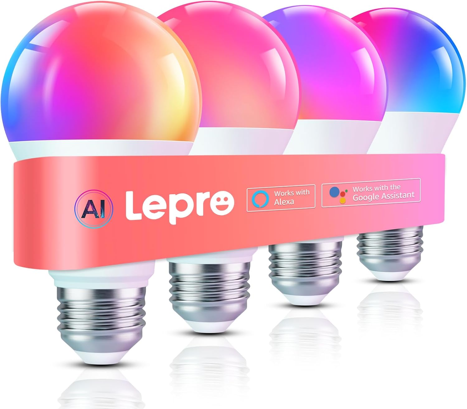 Lepro B1 AI Smart Light Bulbs - WiFi & Bluetooth RGBWW Color Changing LED Bulb Works with Alexa & Google Assistant, Personalized Al Lighting Designer, AI Voice Control, Music Sync, 2.4GHz Only, 4 Pack