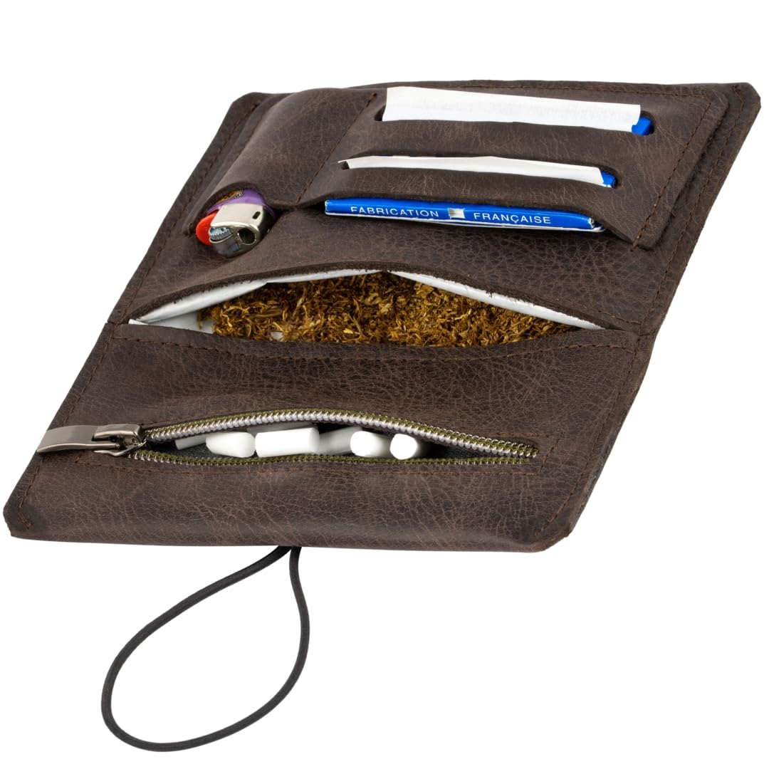 Tobacco Pouches - Italian Leather Tobacco Tins for Men with Double Paper Holder, Secure Filter Compartment, and Extra Lighter Pocket - Compact, Stylish, and Durable Tobacco Pouch (Brown)