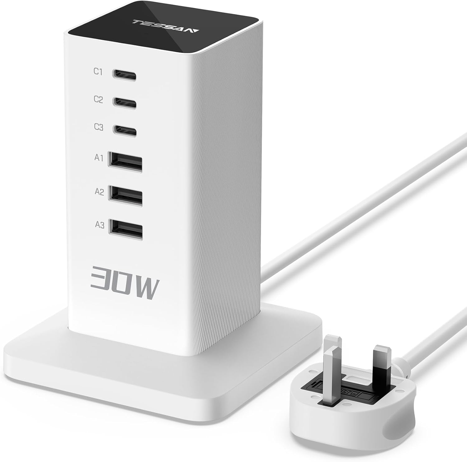 TESSAN USB C Charger Plug, 30W USB Charging Station for Multiple Devices, 6-Port Charging Hub with 1.5m Extension Cord, Multi Charger Block for Smartphones, Tablets