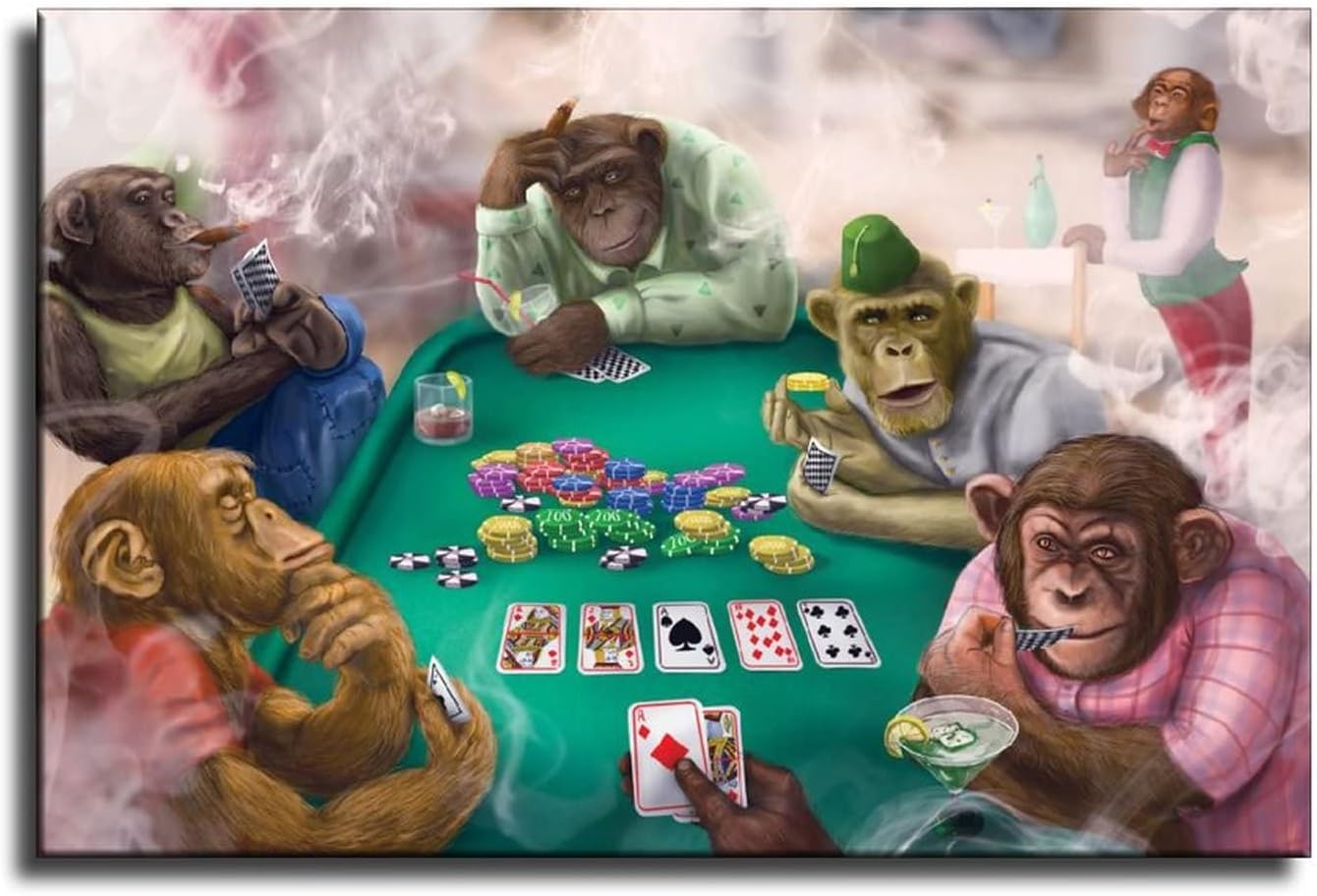 XLPOP Bathroom Decor Monkeys Playing Poker Poster Decorative Painting Living Room Posters Bedroom UnFramed,12x18inch(30x45cm)