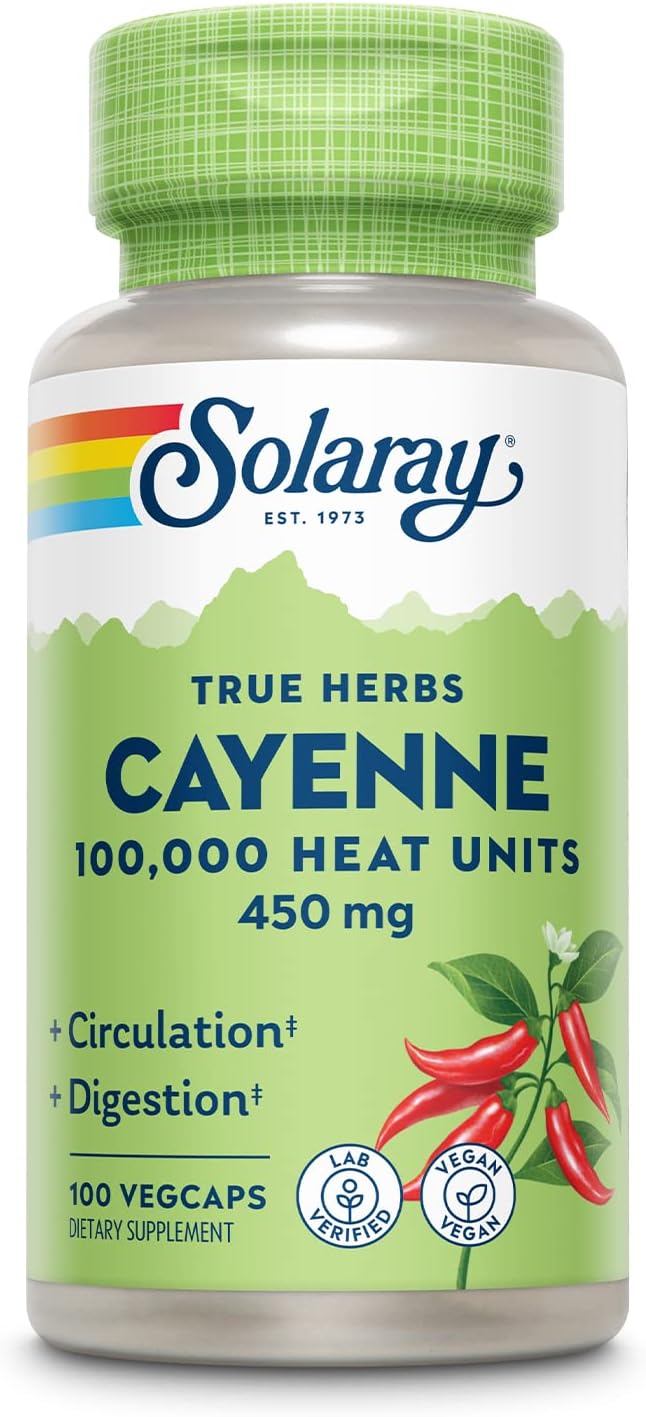 SOLARAY Cayenne Pepper 450 mg | 100,000 Heat Unit | Healthy Digestion, Circulation, Metabolism & Cardiovascular Support | Non-GMO | 100 VegCaps