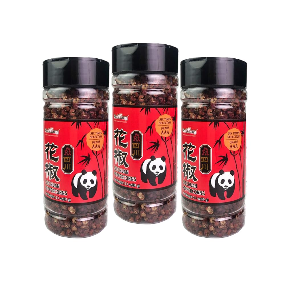 ONETANG Sichuan Peppercorns, 6.3oz(180g), Authentic Szechuan Whole Red Peppercorn, Less Seeds, Strong Flavor, Essential for Mapo Tofu, Kung Pao Chicken and Asine Cusine, Pack of 3