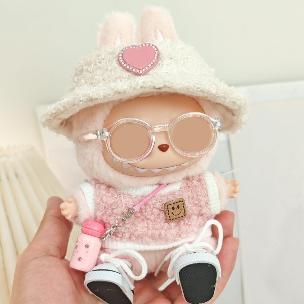 5-Piece Clothes - Clothes for Doll Outfit,Chic Style Set for 17cm Dolls - Clothes + Light Pink Heart-Shaped Velvet hat + Small Camera + Glasses + Canvas Shoes,No Doll (Style A)