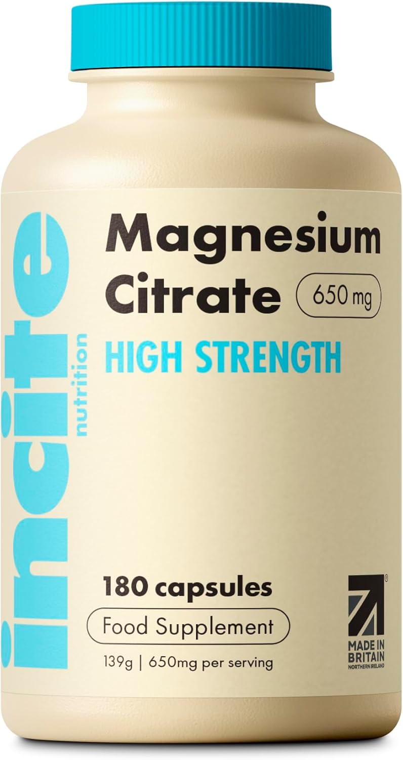 Incite Nutrition Magnesium Citrate 650 mg. High Strength and Absorption Magnesium Supplement. 180 Capsules, 6 Month Supply. Supports Muscle Function, Energy & Sleep. Suitable for Vegetarians & Vegans