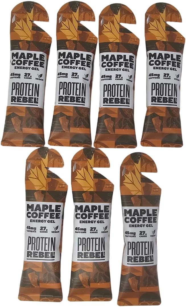 Maple Coffee Caffeine Energy Gels for Running, Cycling & Endurance by Protein Rebel - Easy to Digest Running Gels - All Natural Ingredients - 27g Carbs, 45mg Caffeine, Electrolytes (7 Sachets)