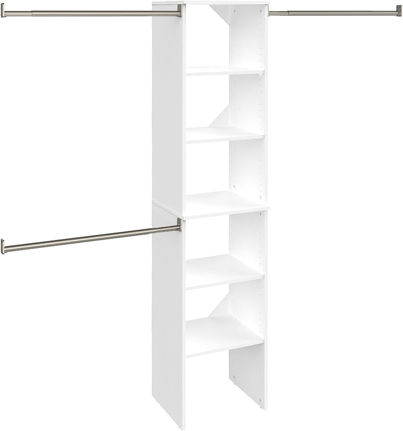 ClosetMaid SuiteSymphony Wood Closet Organizer Starter Kit with Tower and 3 Hang Rods, Shelves, Adjustable, Fits Spaces 4 – 9 ft. Wide, Engineered Wood, Pure White, 16"