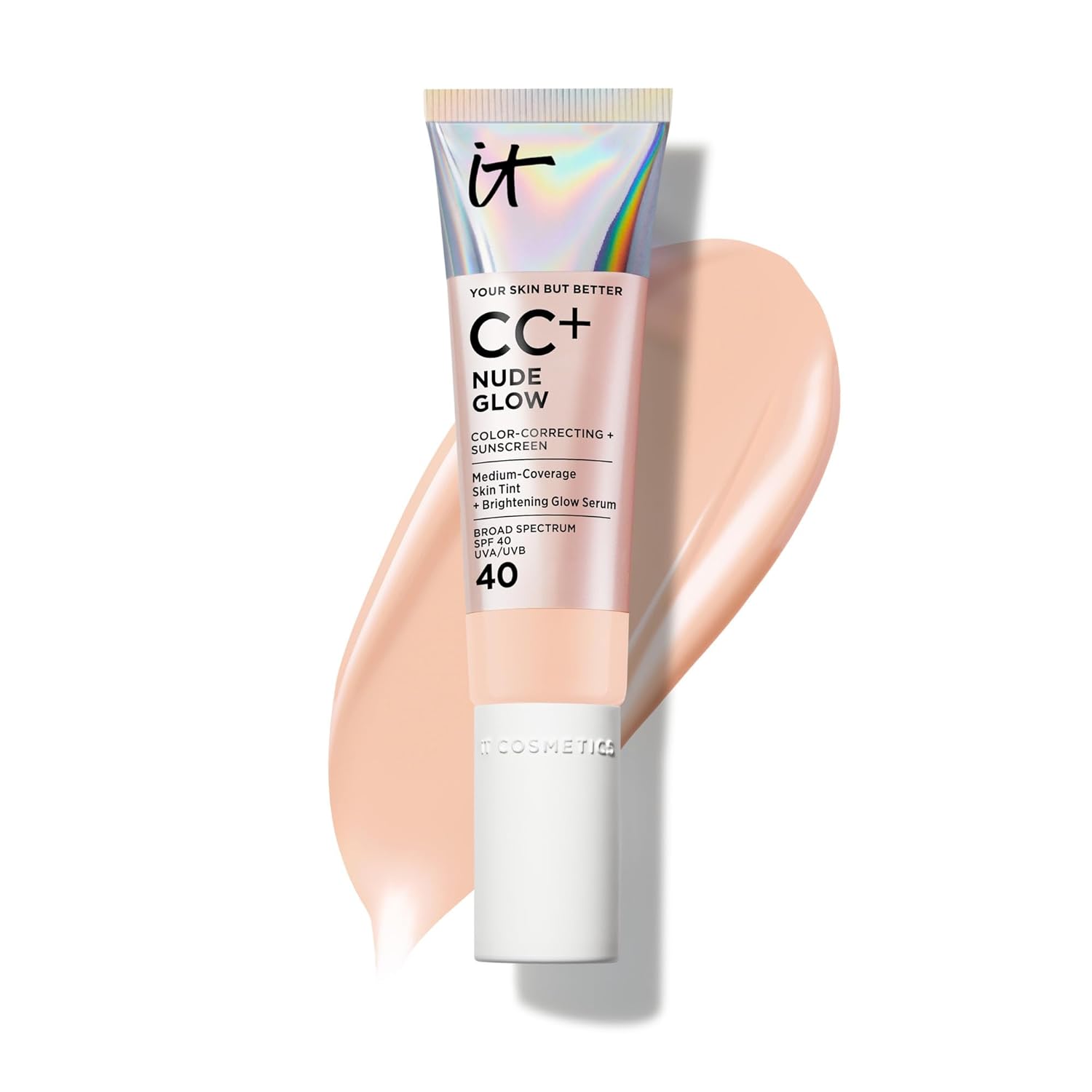 IT Cosmetics CC+ Nude Glow - Medium Coverage Foundation with SPF 40 & Brightening Glow Serum, Lightweight Skin Tint, 2% Niacinamide + Hyaluronic Acid, Up to 24H Hydration, Normal/Dry Skin - 1.08 fl oz