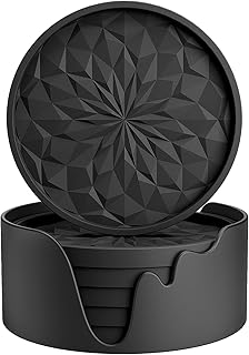 ME.FAN Silicone Coasters [6 Pack] Coasters with Holder - Drinking Coasters - Cup Mat for Drinks - Live for Hot or Cold Drink Thickened, Non-Slip, Non-stick, Deep Tray Black